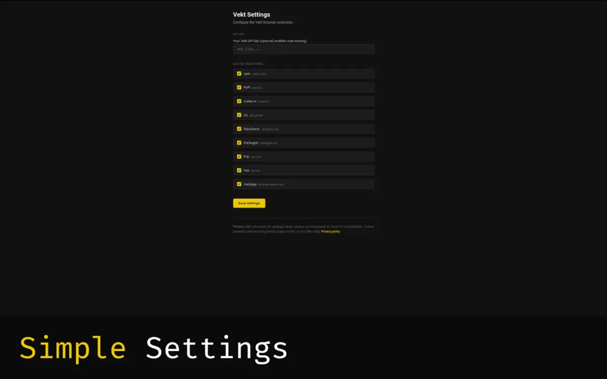 Vekt extension settings page with registry toggles